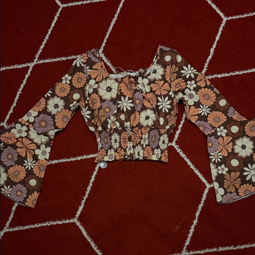 ROMWE Floral Bell Sleeve Crop Top - Brown and Orange